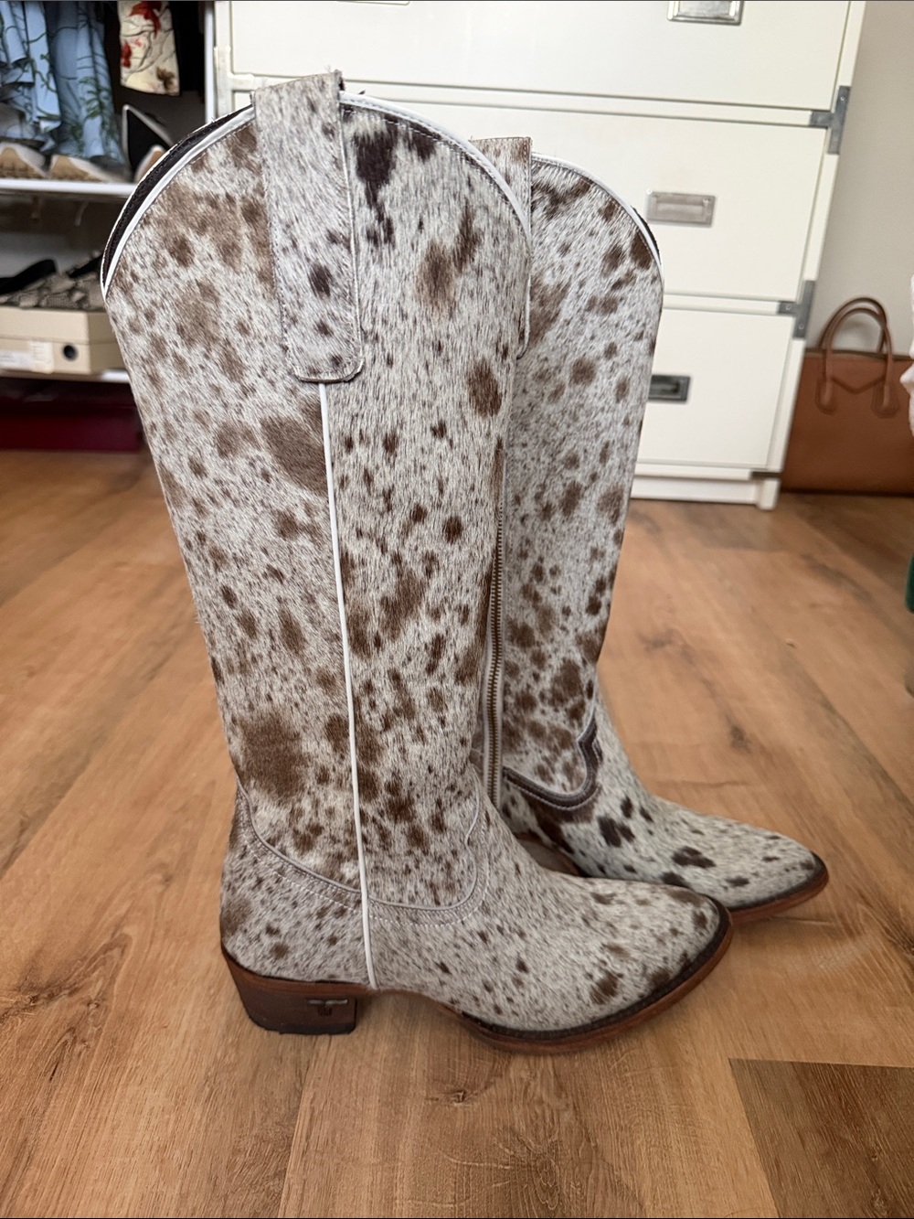 Lane Speckled Cowhide Tall Western Boots in Brown and White